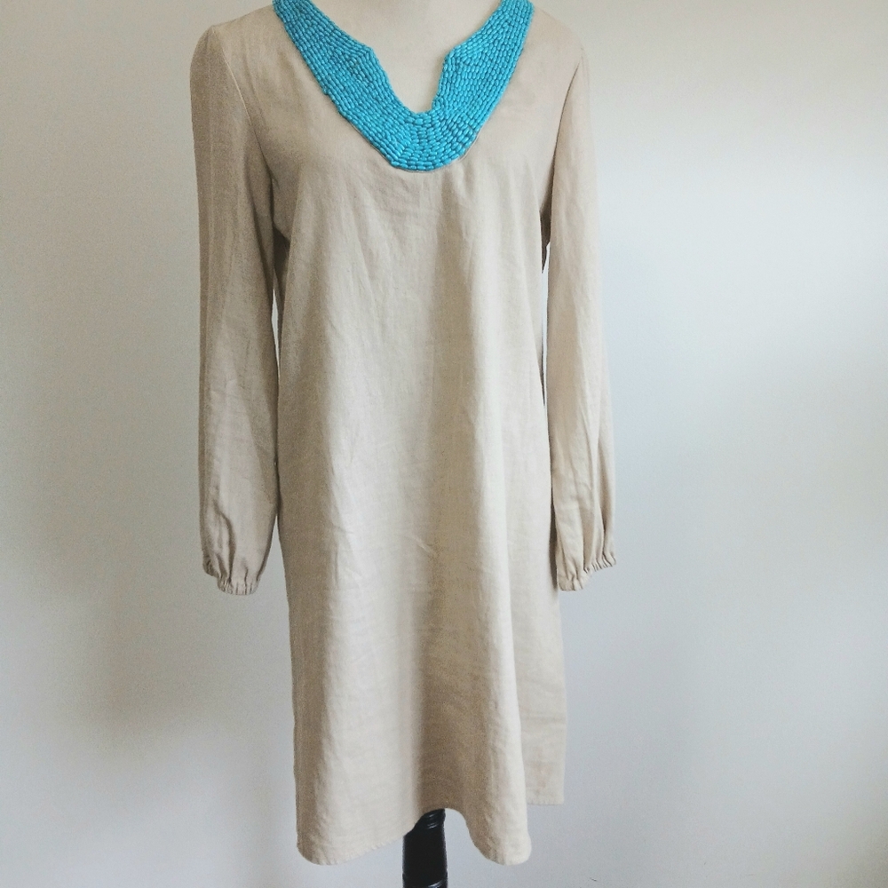 NWOT - For Cynthia -Tan-Turquoise Embellished - Linen Blend- Dress- Size Small